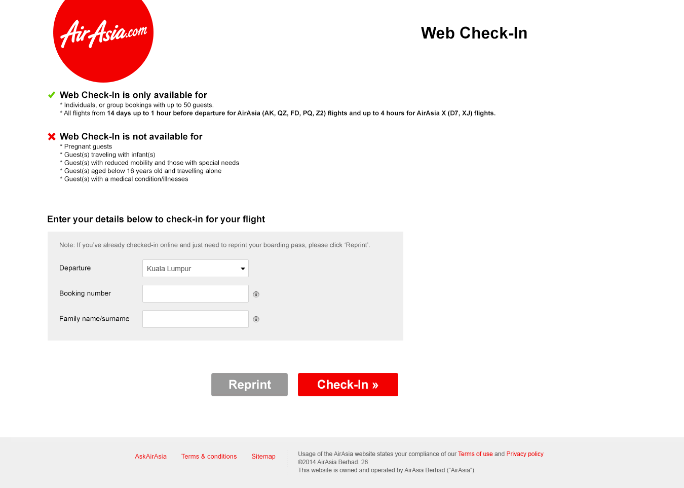 Web Check-in main screen