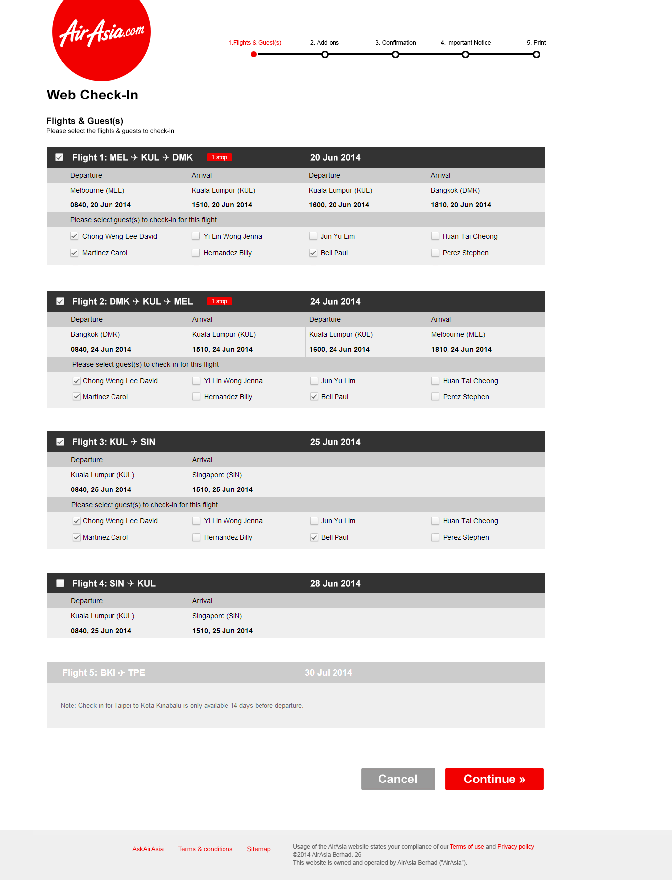 Web Check-in selecting flights and guests to check-in screen