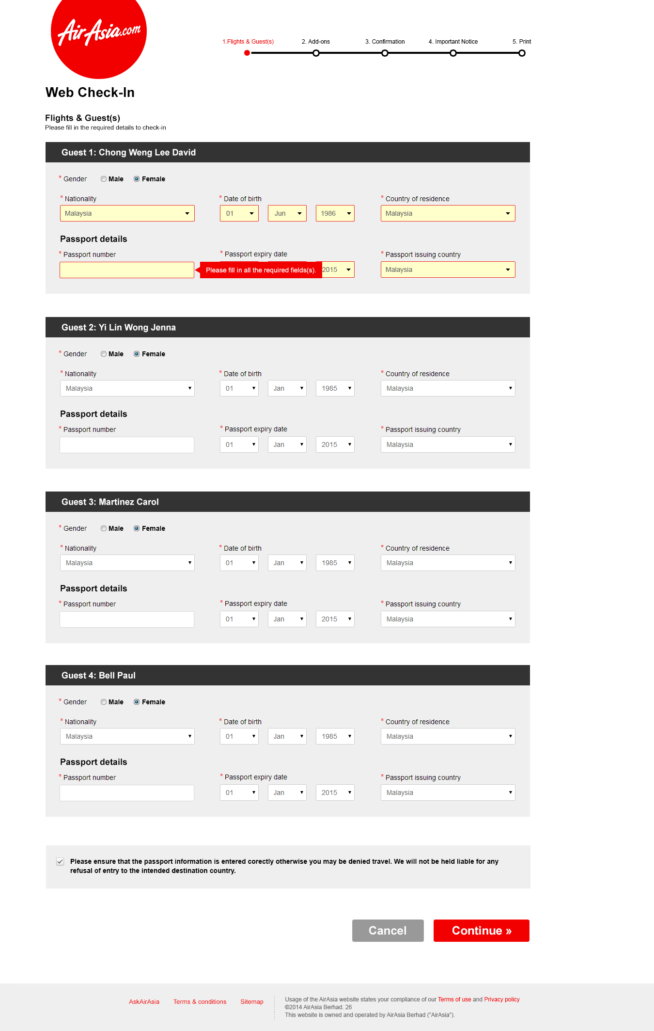 Web Check-in required field error message screen