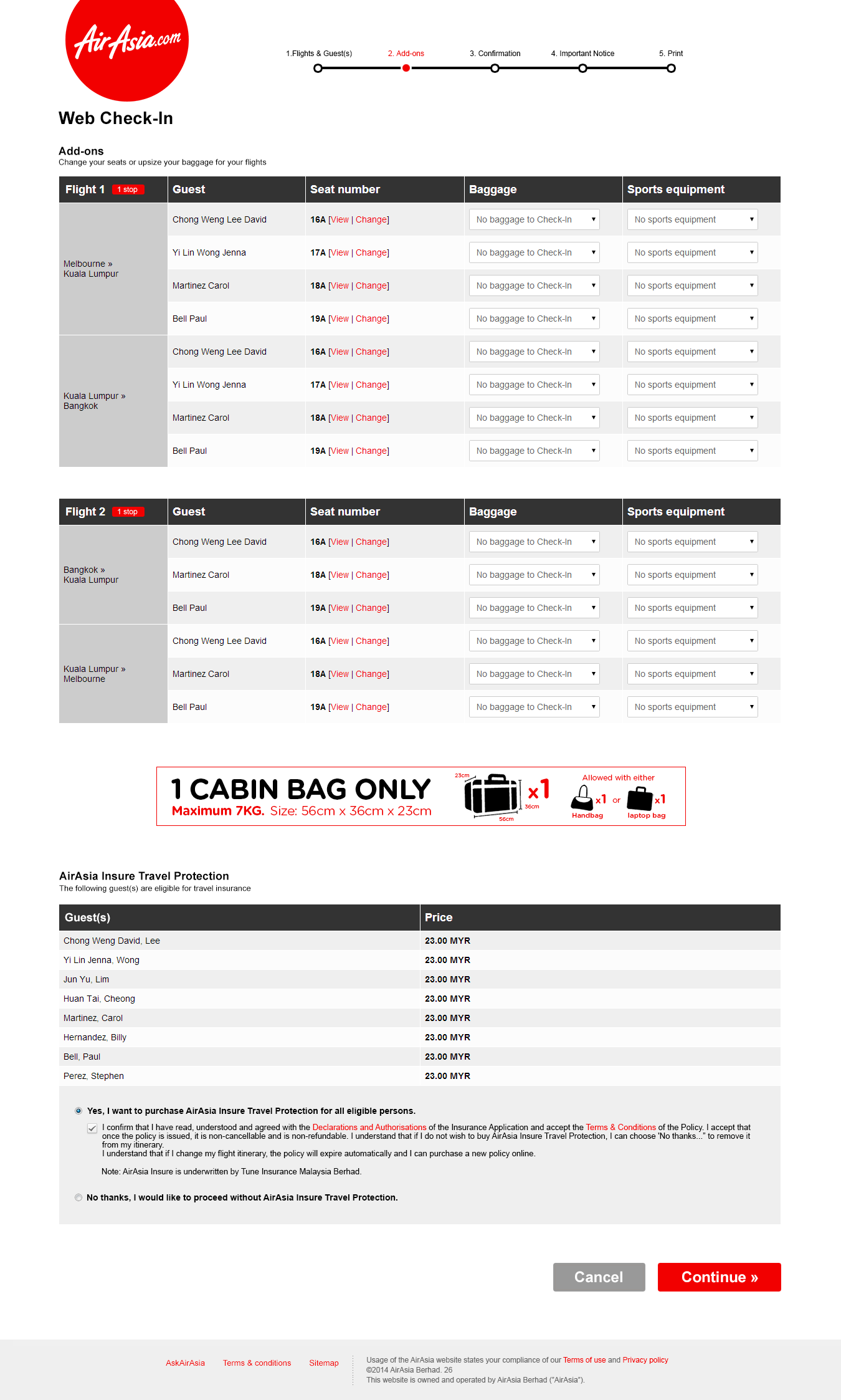 Web Check-in selecting add-ons for flights screen