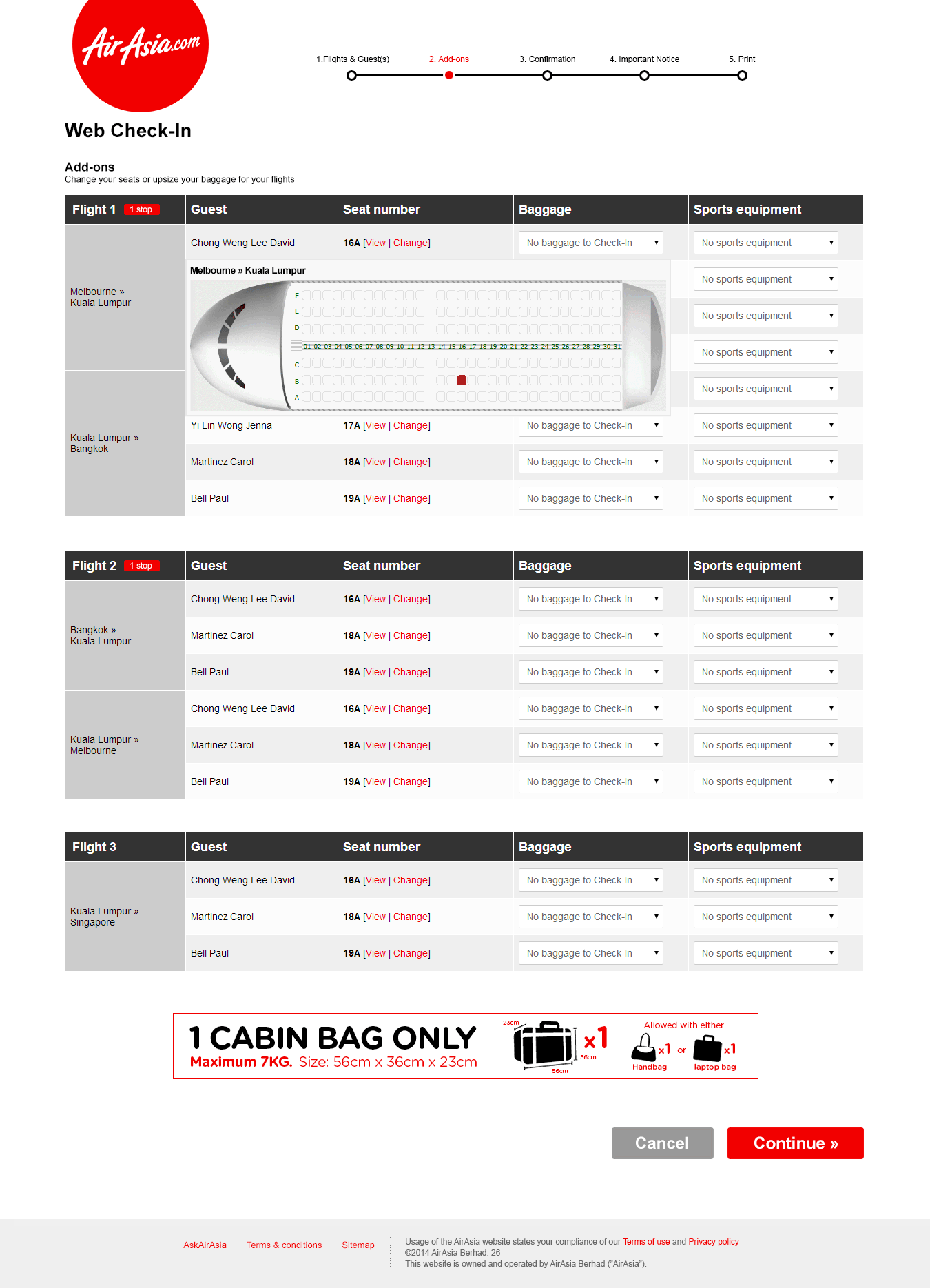 Web Check-in viewing seat number for flights screen