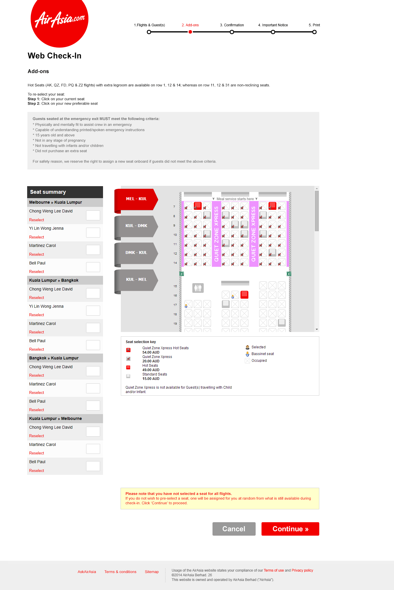 Web Check-in selecting seat for flights screen