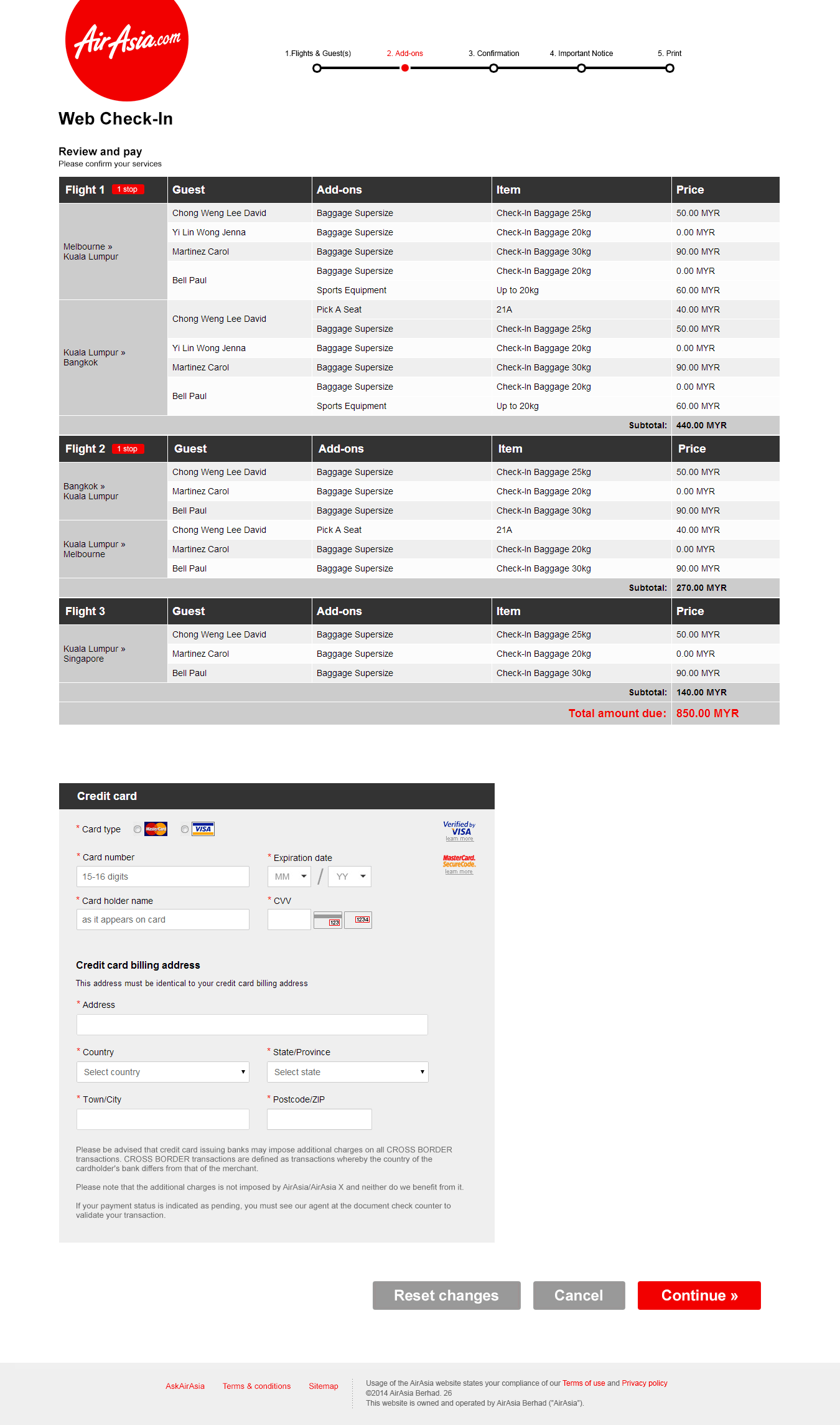 Web Check-in reviewing your selected details before payment screen