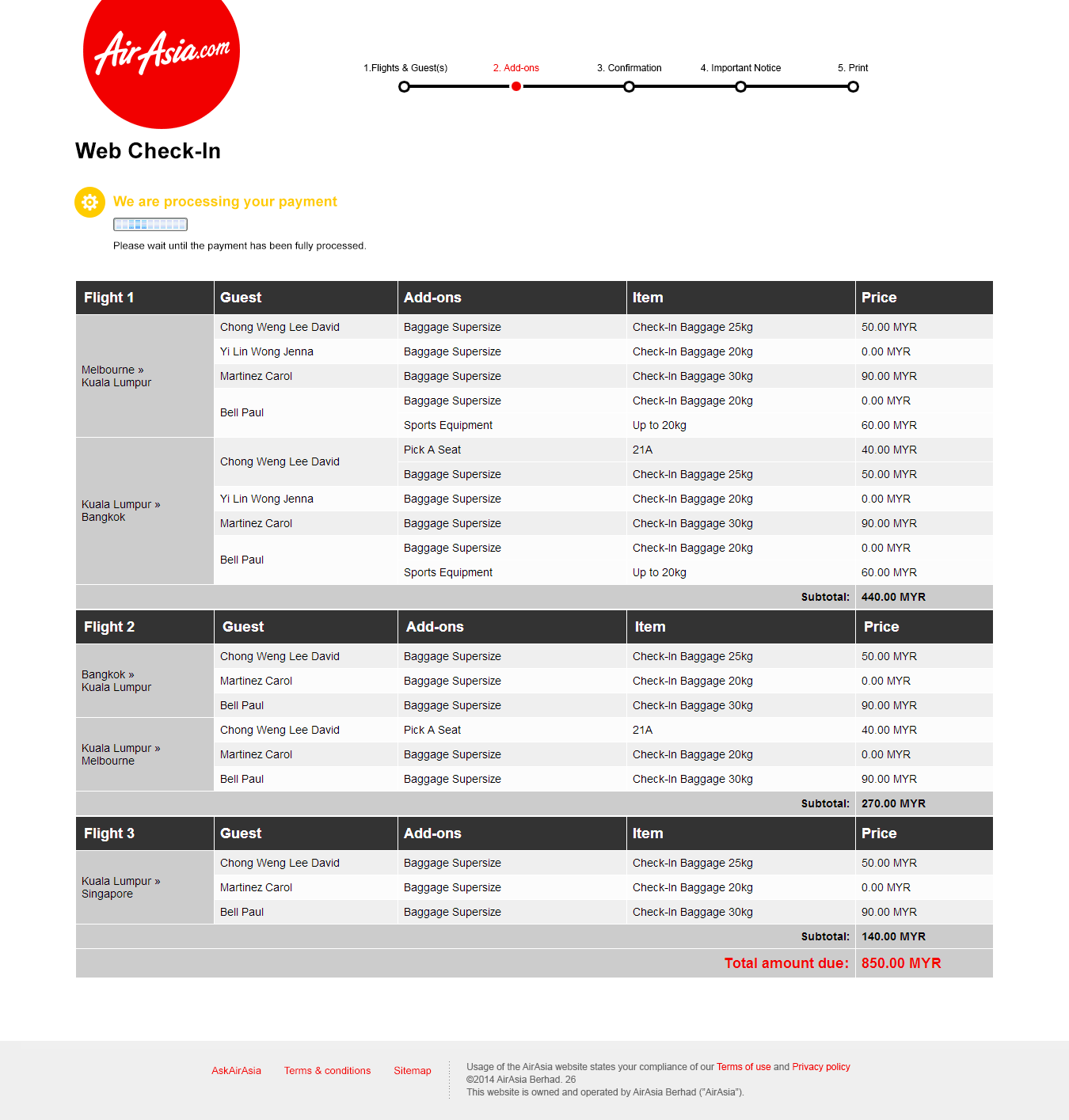 Web Check-in payment being processed screen
