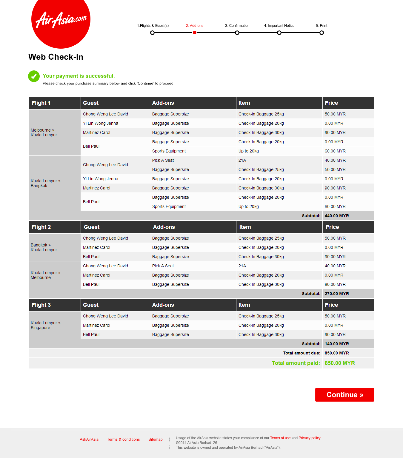 Web Check-in payment successful screen