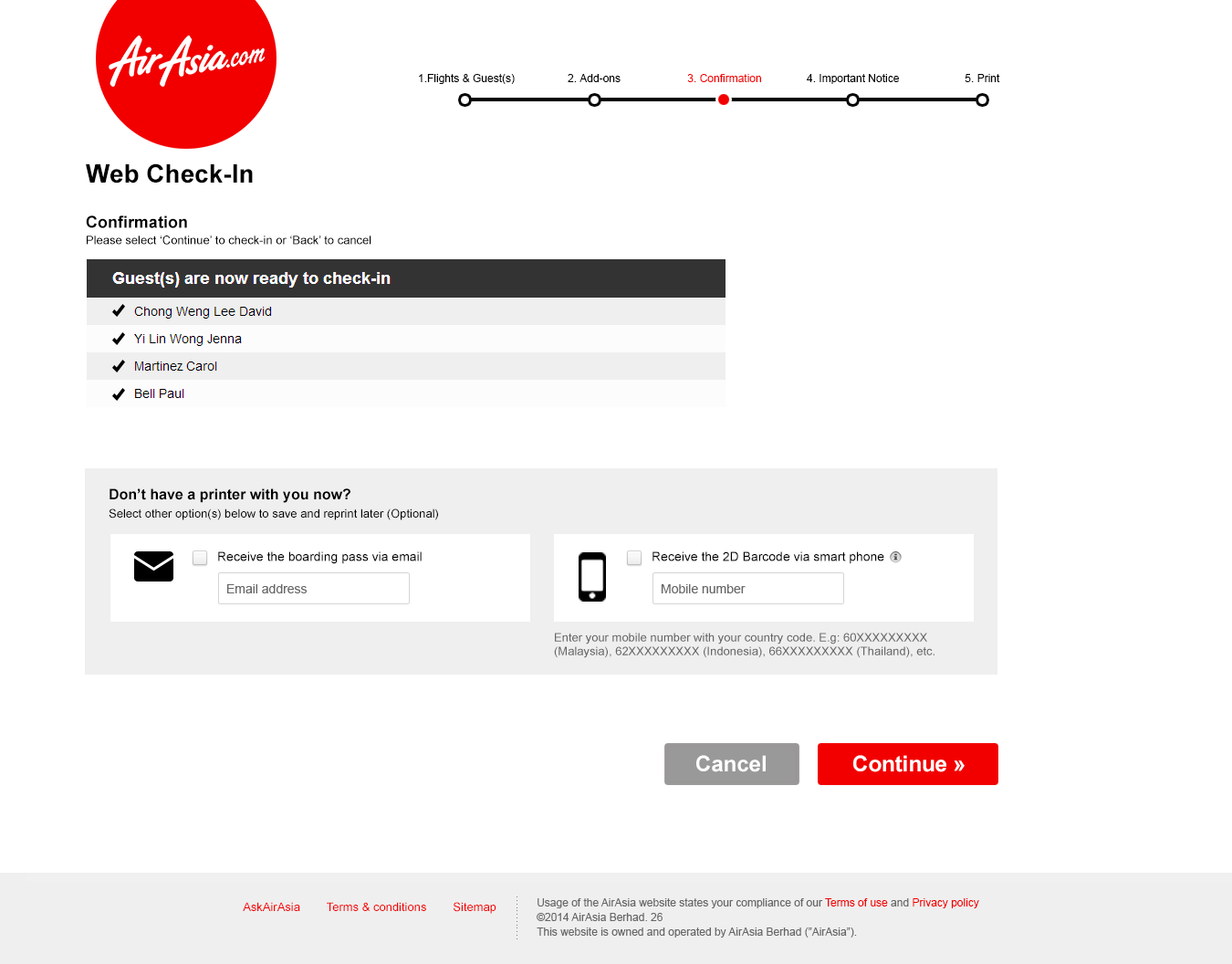 Web Check-in confirmation screen