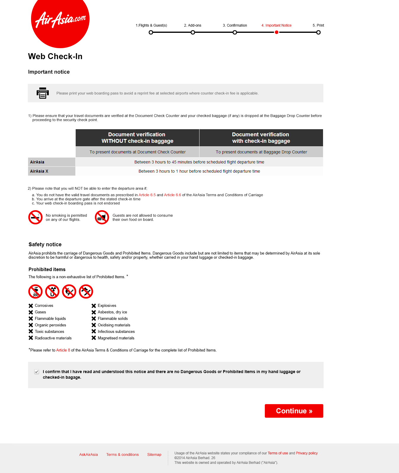 Web Check-in important notice screen