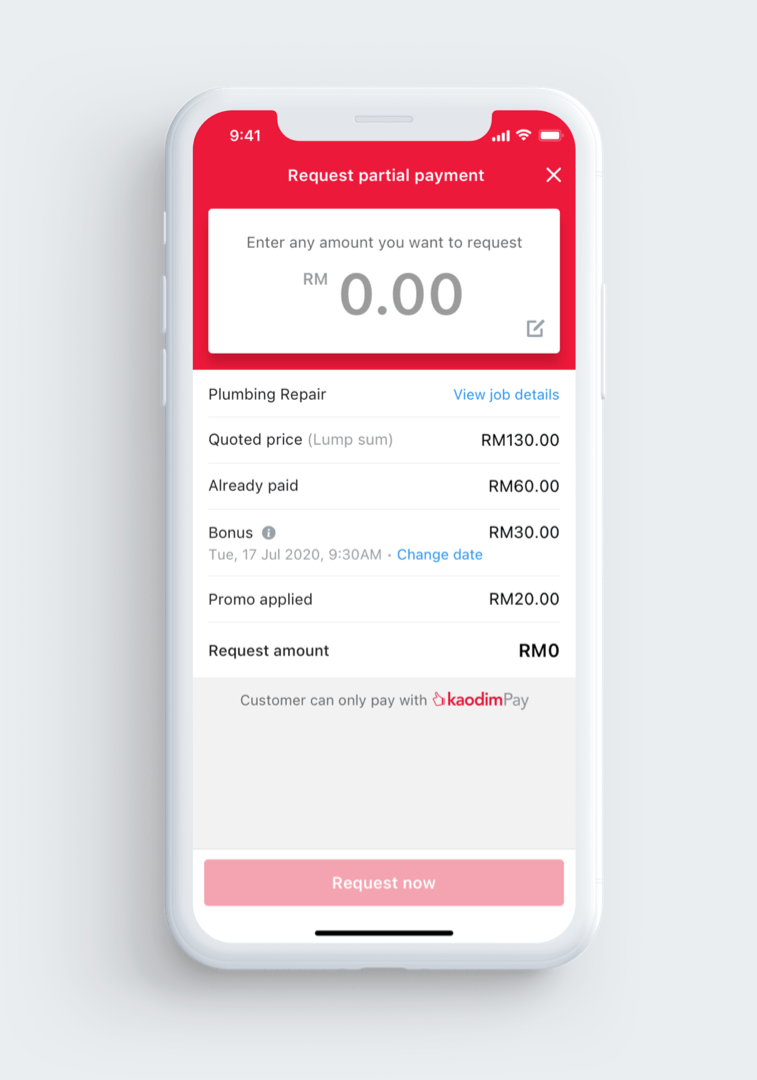 New UI for vendor requesting partial payment